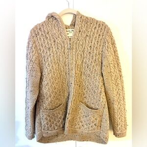 Aran Mór Ireland 100% Merino Wool Zip Hoodie Sweater Oatmeal Speckle GUC